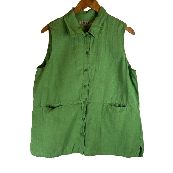 Flax Tops - FLAX Women Green 100% Linen Sleeveless Button Front Pocket Top Shirt Size Medium
